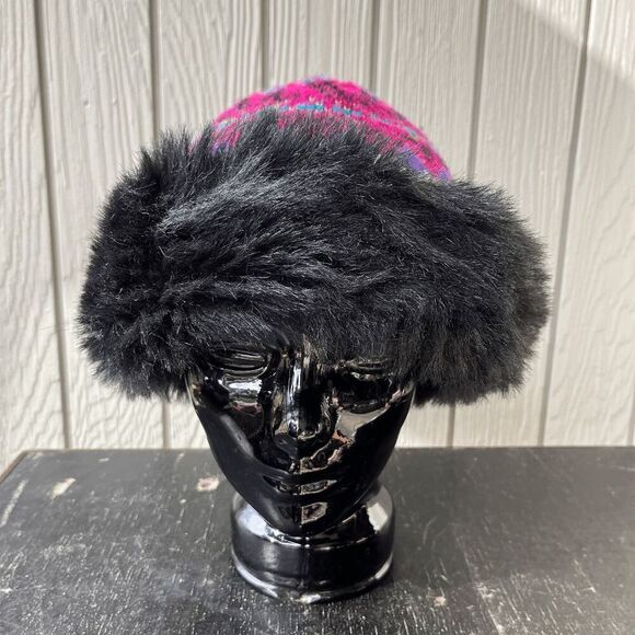 VTG 70s Fair-Isle Knit Faux-Fur Pillbox Hat Colorful Retro Apres Ski - Picture 3 of 9